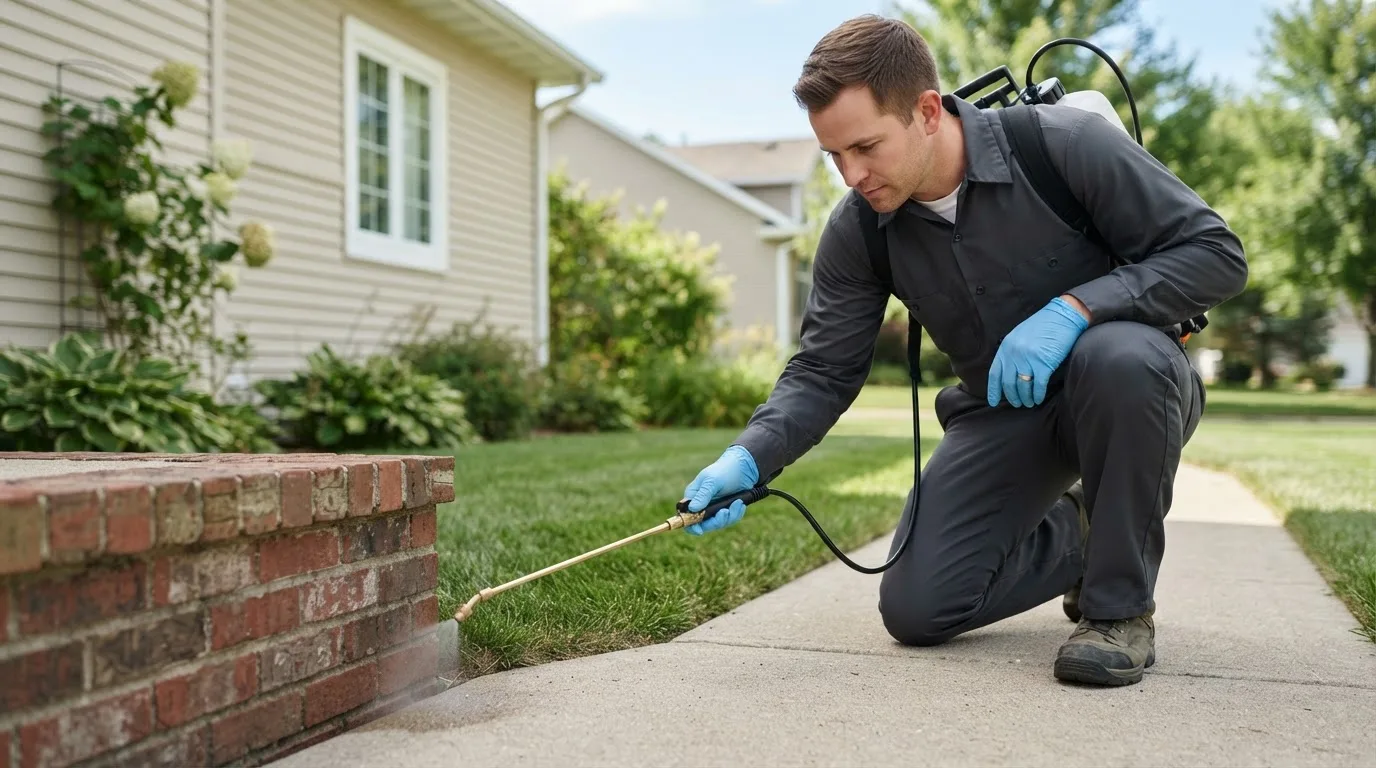 Pest control technician treating a home near Henefer, UT